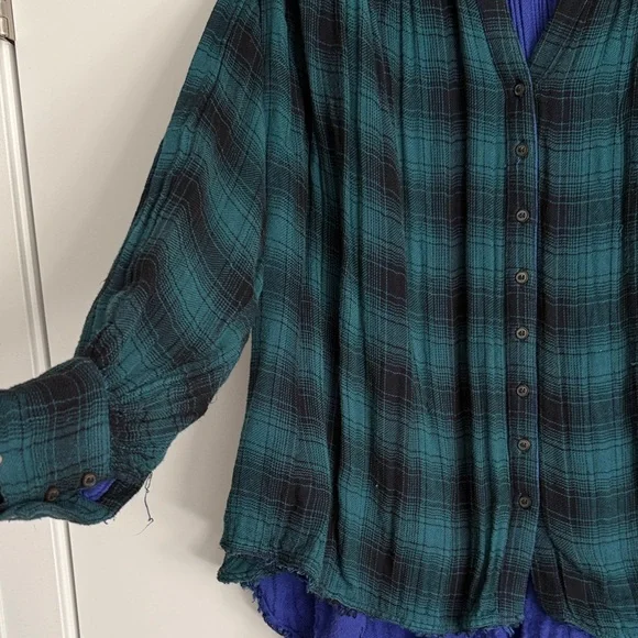 Free People Green and Black Flannel Plaid Button-Down Shirt - Picture 3 of 4